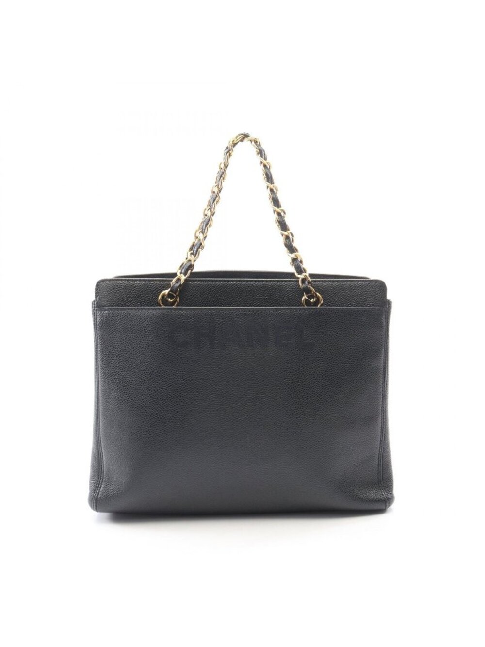 Chanel Logo Embroidery Navy Caviar Leather Chain Tote Bag